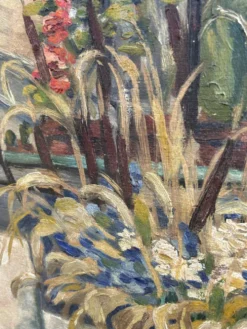 Tableau ancien Nature morte florale – Huile sur carton, 1951