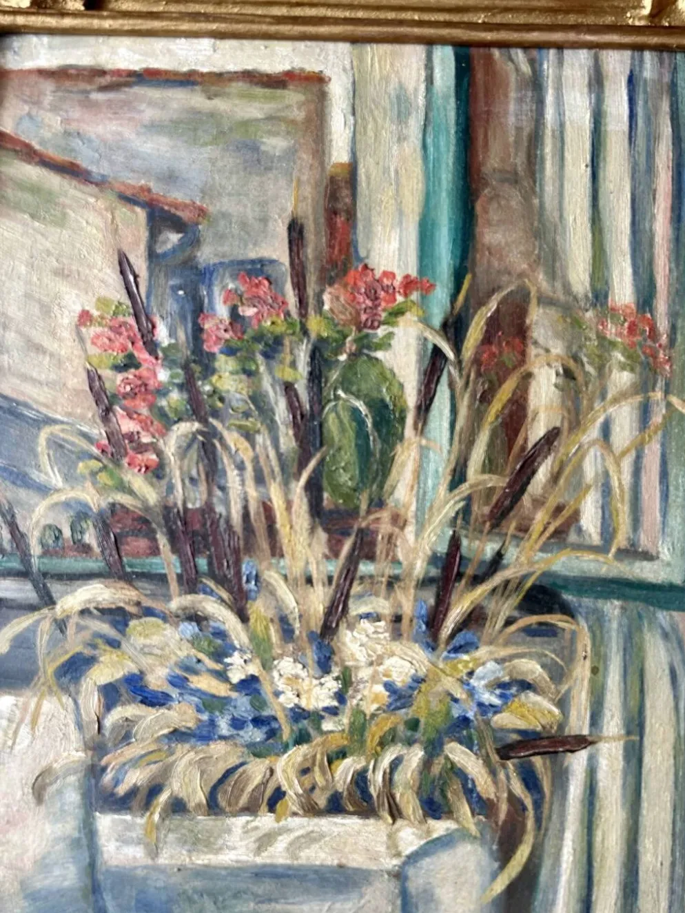 Tableau ancien Nature morte florale – Huile sur carton, 1951