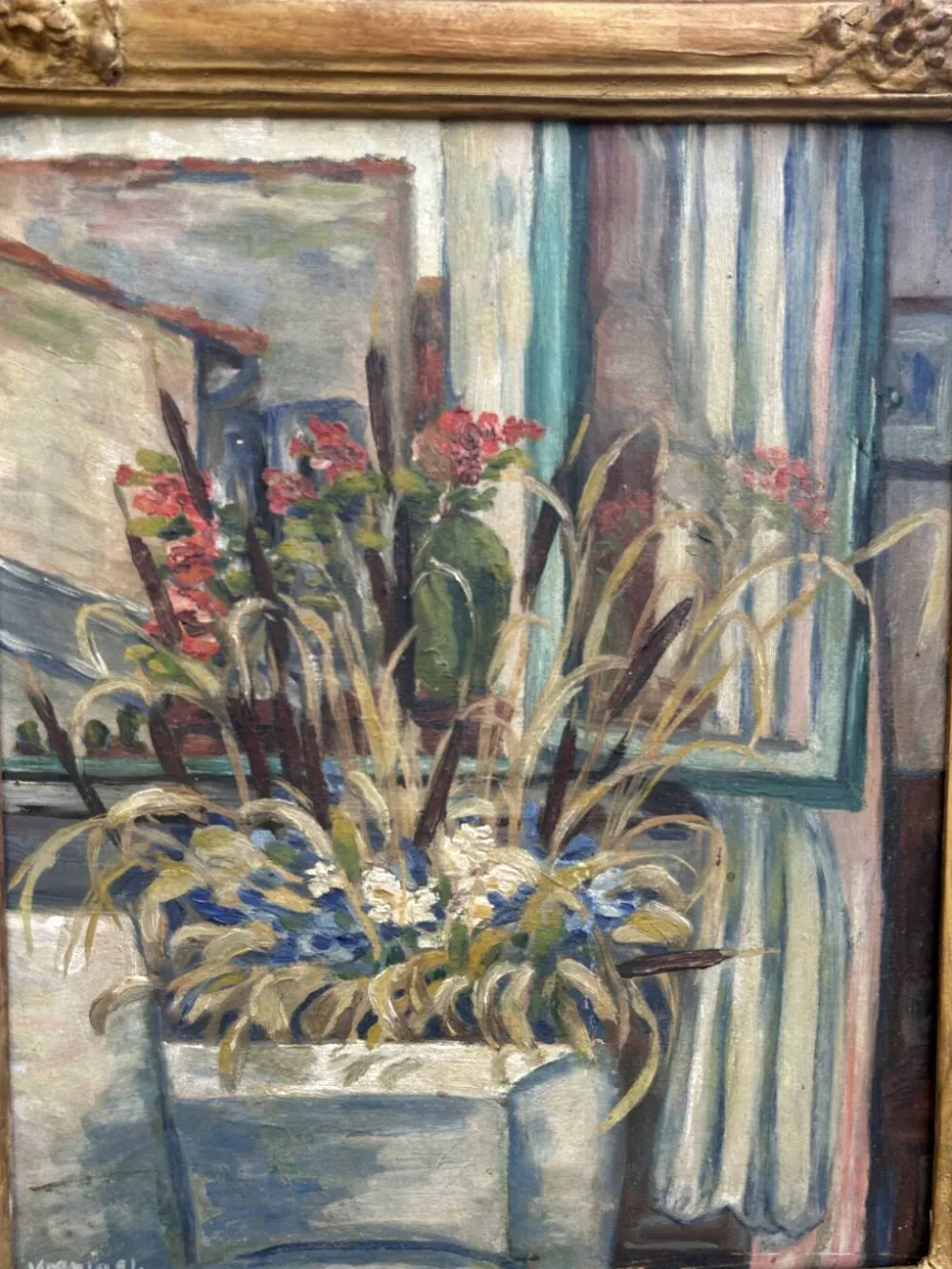 Tableau ancien Nature morte florale – Huile sur carton, 1951
