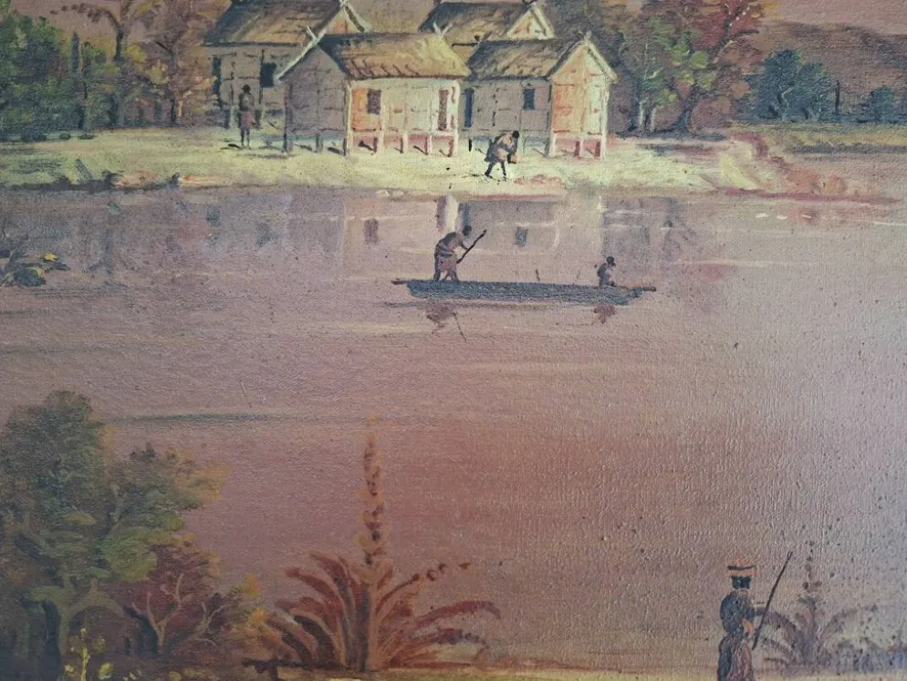 Tableau Ancien / Peinture à l'huile – Scène de vie au bord de l'eau