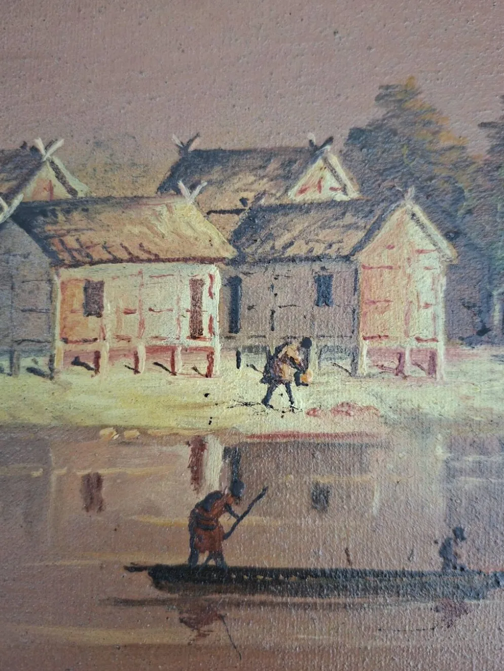 Tableau Ancien / Peinture à l'huile – Scène de vie au bord de l'eau