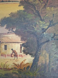Tableau Ancien / Peinture à l'huile – Scène de vie au bord de l'eau