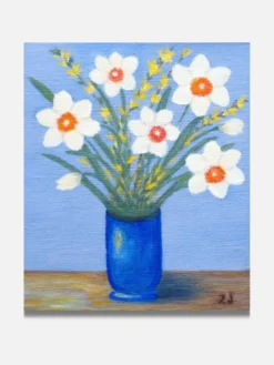Tableau ancien signé ZJ – Huile sur toile – Bouquet de jonquilles dans un vase