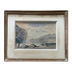 Tableau Aquarelle début XX° Pont de Paris Bord de Seine signé J. M. Nicolle