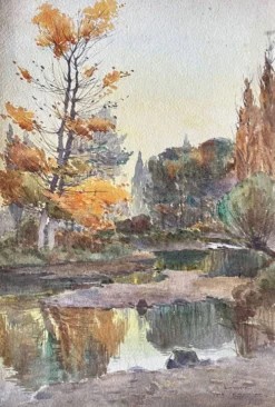 Tableau Aquarelle de Paul Monnier "Longvic" cf. Dijon" 1914