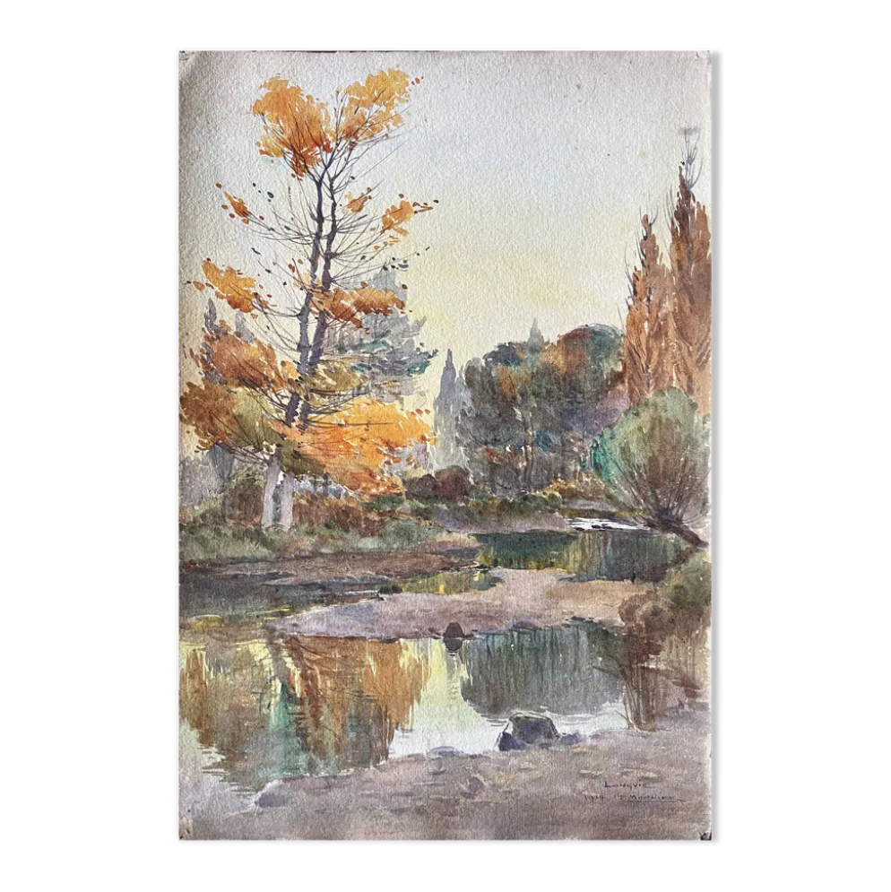 Tableau Aquarelle de Paul Monnier "Longvic" cf. Dijon" 1914