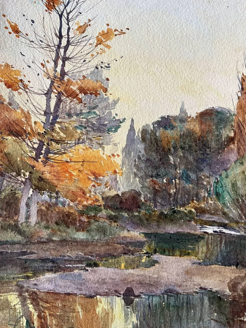 Tableau Aquarelle de Paul Monnier "Longvic" cf. Dijon" 1914