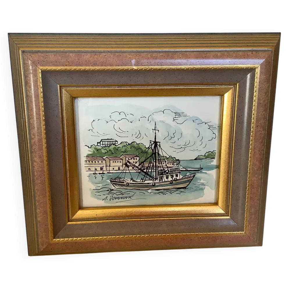 Tableau aquarelle signée bateau marine