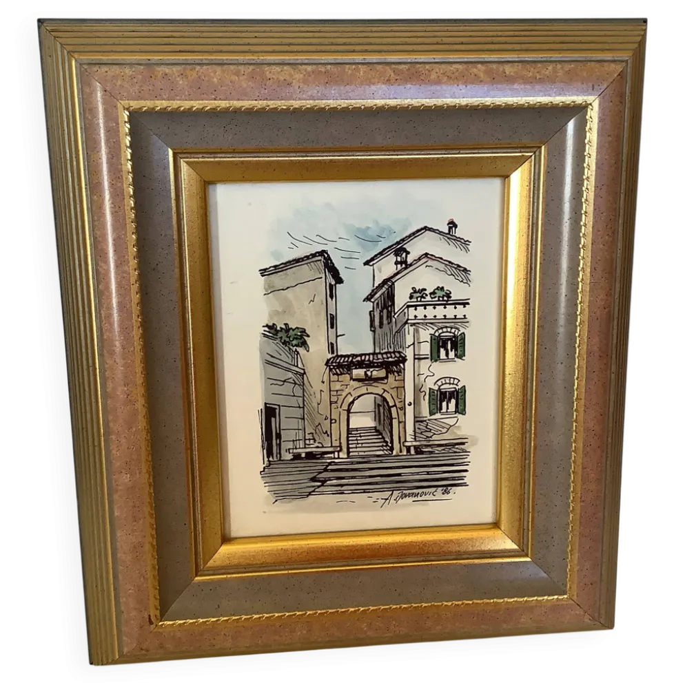 Tableau aquarelle signée vue de village