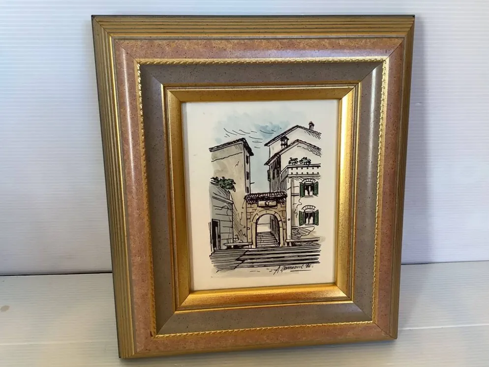 Tableau aquarelle signée vue de village