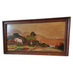 Tableau bois peinture vernie signée Clavere