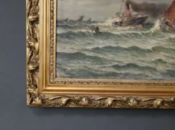 Tableau « Entrée du port par mer agitée », huile sur toile, signé C. Demont – début XXe