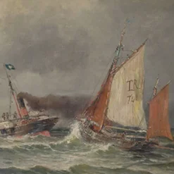 Tableau « Entrée du port par mer agitée », huile sur toile, signé C. Demont – début XXe