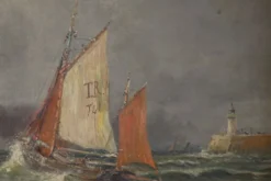 Tableau « Entrée du port par mer agitée », huile sur toile, signé C. Demont – début XXe