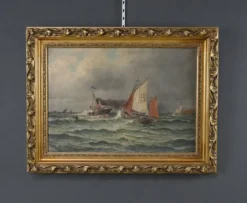 Tableau « Entrée du port par mer agitée », huile sur toile, signé C. Demont – début XXe