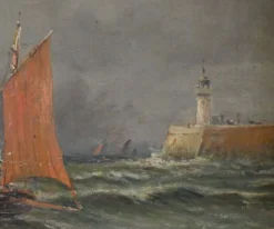 Tableau « Entrée du port par mer agitée », huile sur toile, signé C. Demont – début XXe