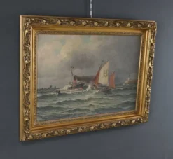 Tableau « Entrée du port par mer agitée », huile sur toile, signé C. Demont – début XXe