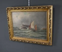 Tableau « Entrée du port par mer agitée », huile sur toile, signé C. Demont – début XXe