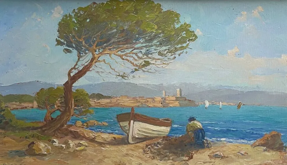 Tableau HSP "Marine méditerranéene" barque et pêcheur signé Dorges