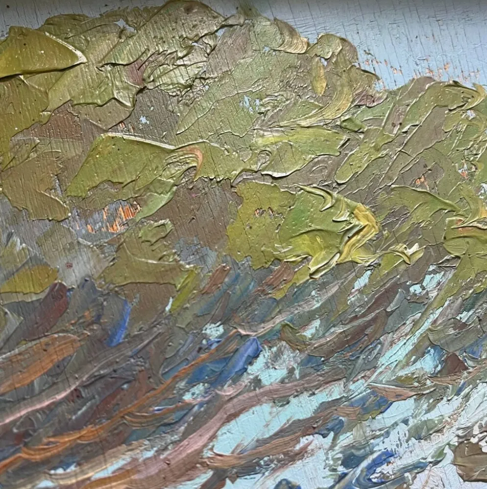 Tableau HSP "Marine méditerranéene" barque et pêcheur signé Dorges