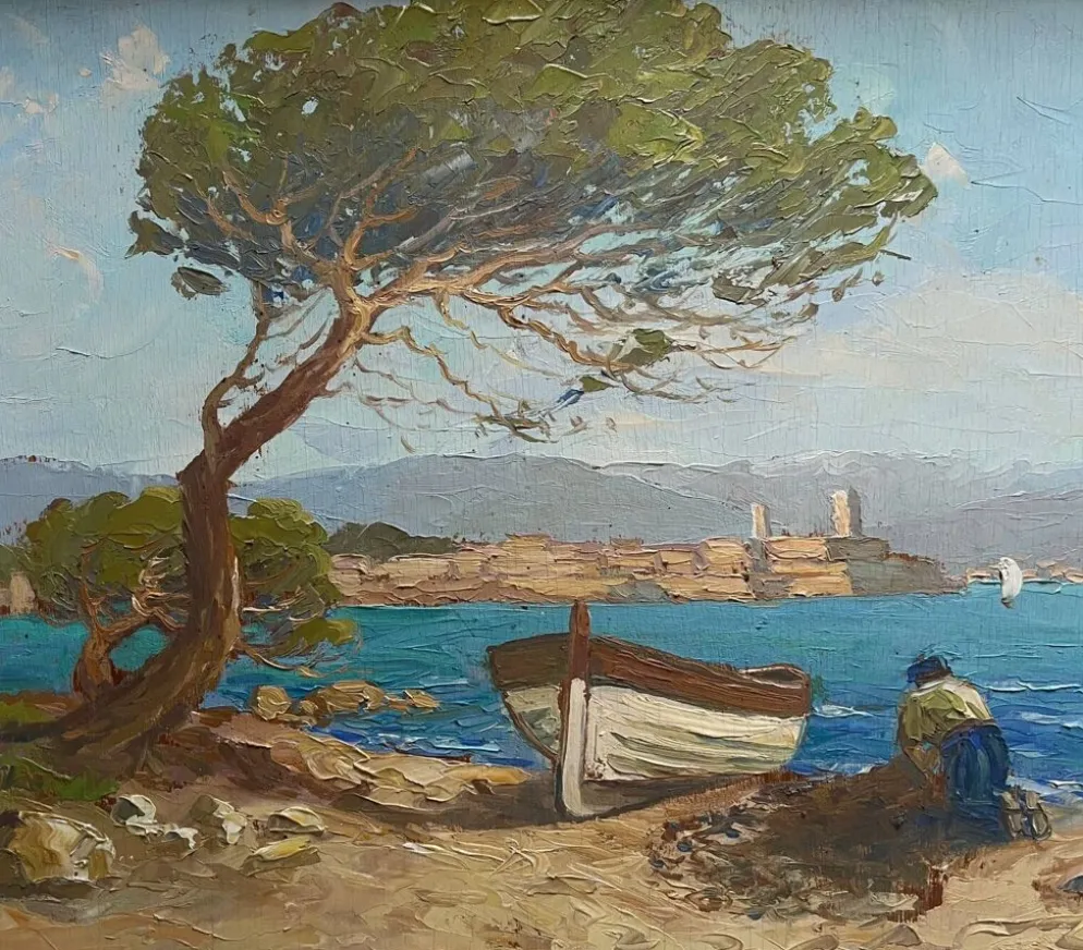 Tableau HSP "Marine méditerranéene" barque et pêcheur signé Dorges