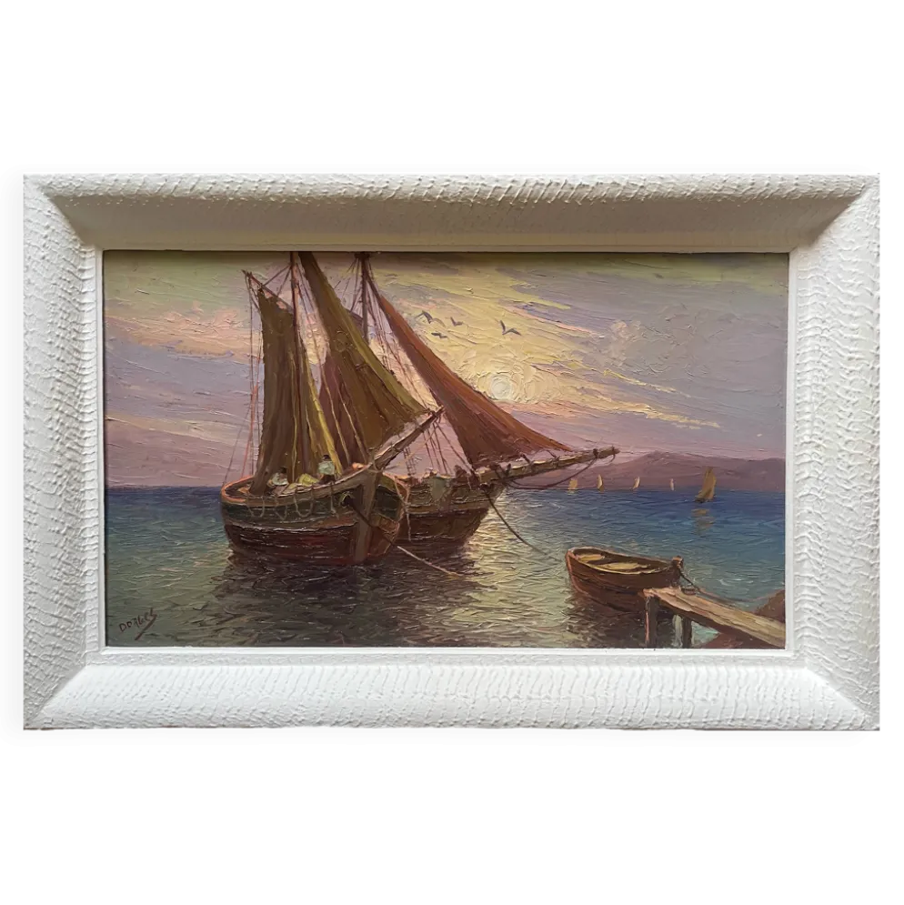 Tableau HSP "Marine méditerranéene" voiliers au port signé Dorges