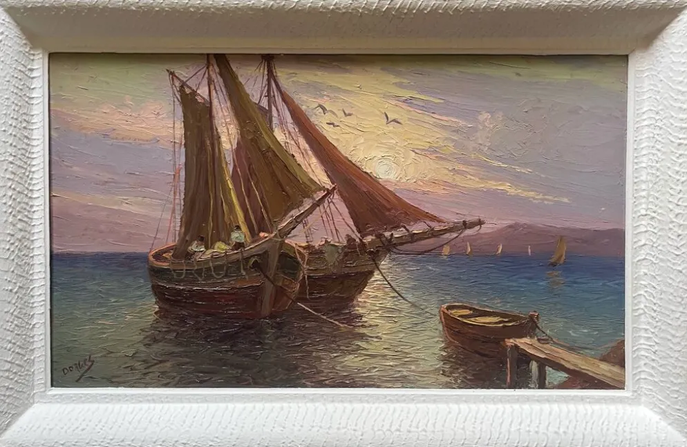 Tableau HSP "Marine méditerranéene" voiliers au port signé Dorges