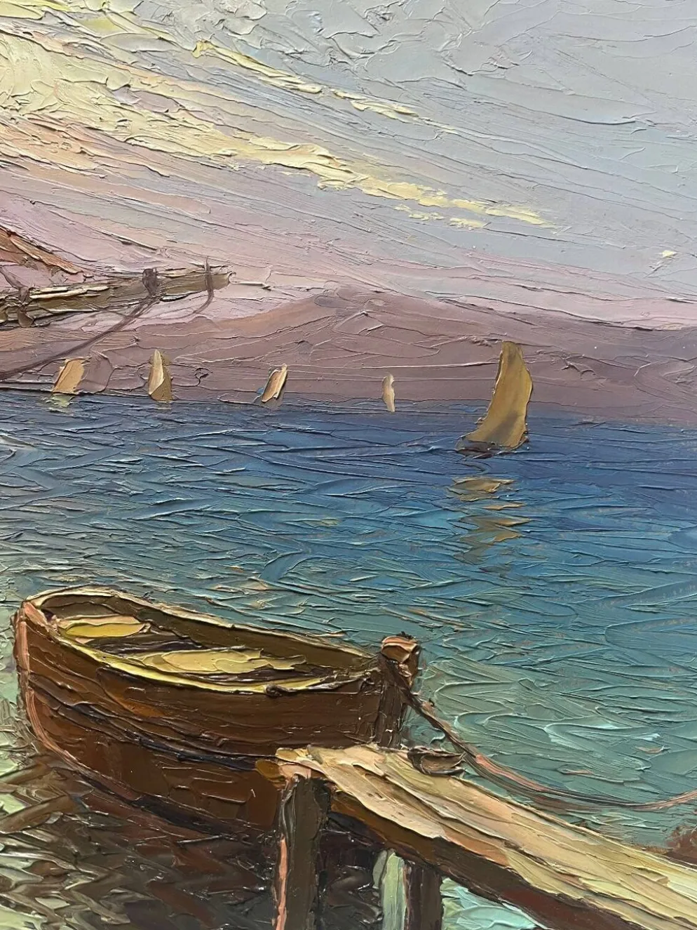 Tableau HSP "Marine méditerranéene" voiliers au port signé Dorges