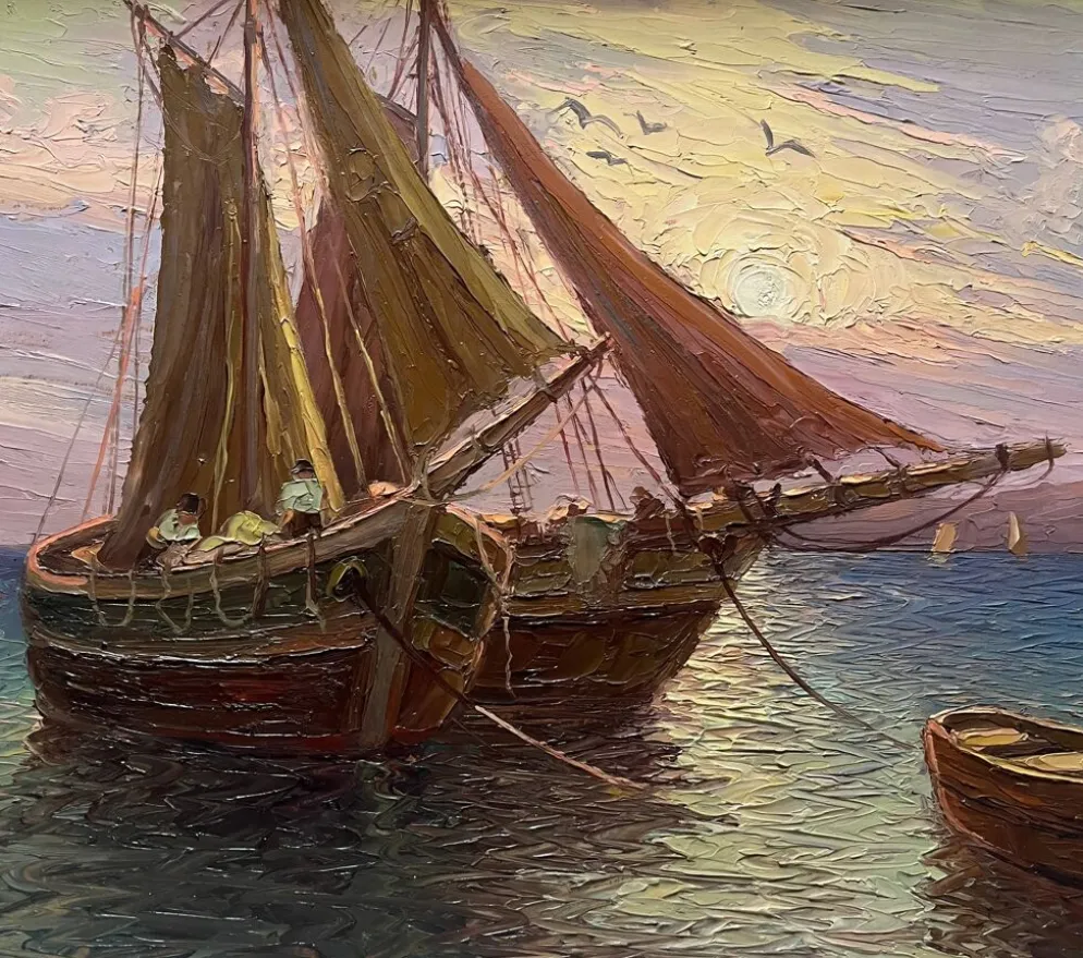 Tableau HSP "Marine méditerranéene" voiliers au port signé Dorges