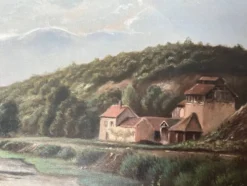Tableau Hst daté de 1872 "Paysage avec village à la rivière" signé