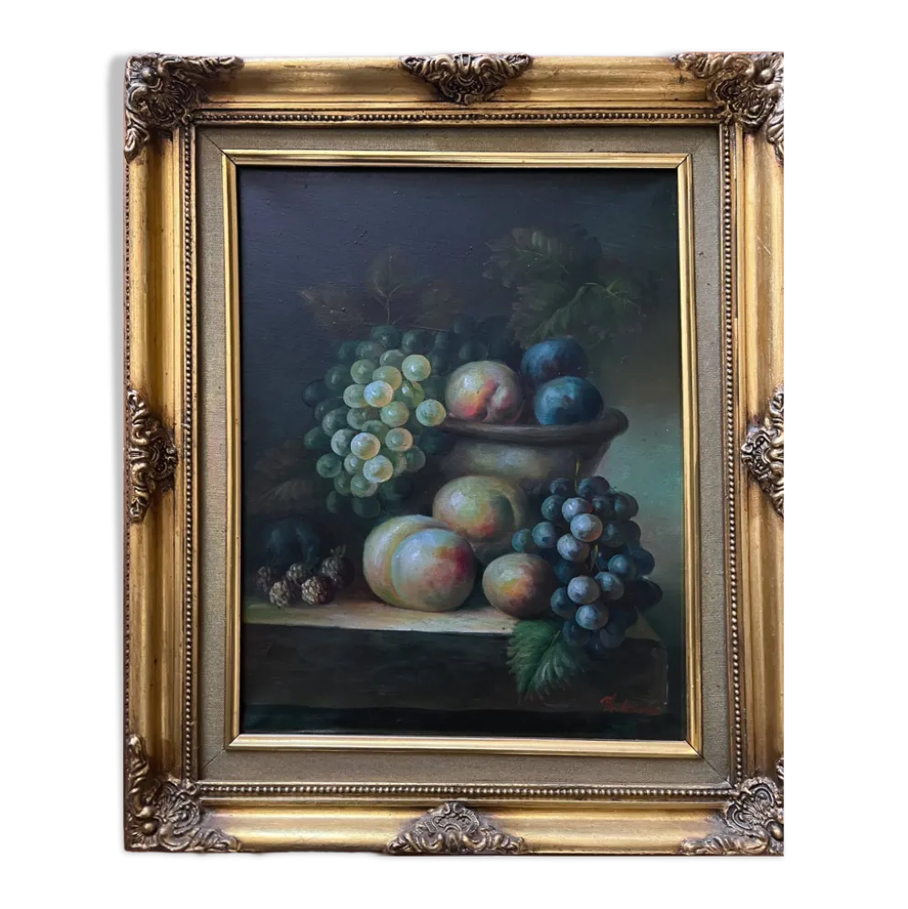 Tableau HST "Nature morte aux fruits" Signé (?) éc. XX° siècle + cadre