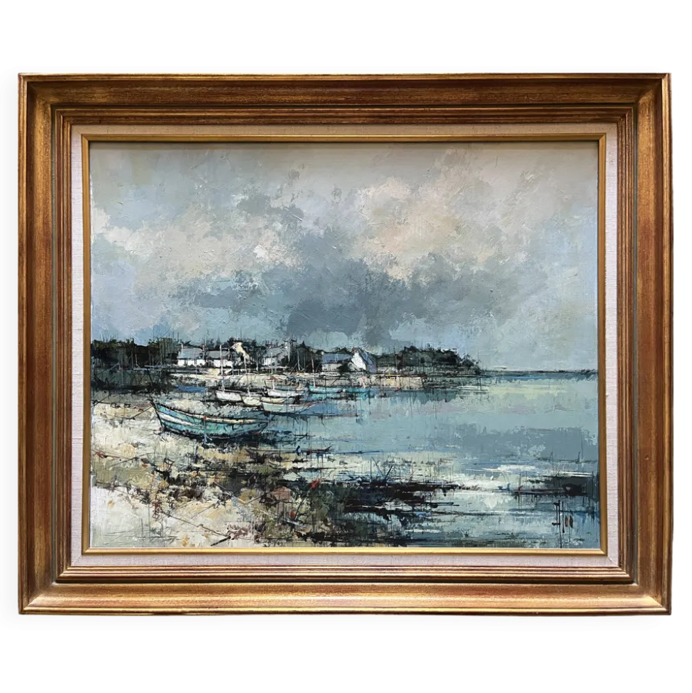 Tableau HST "Port en Bretagne" Marine signé éc. XX° siècle + cadre