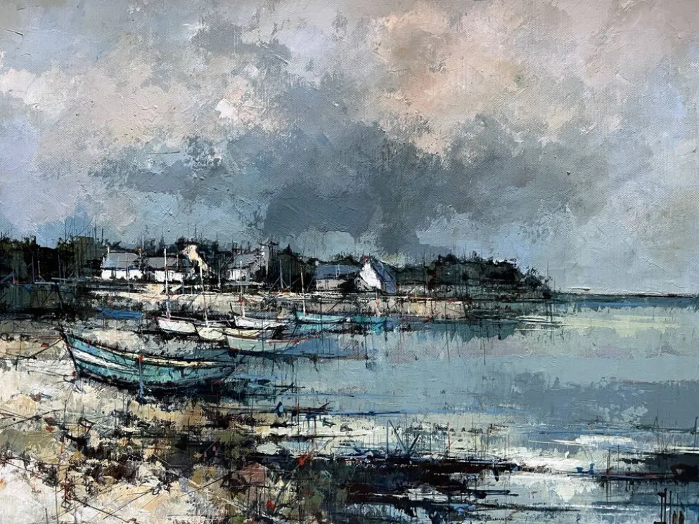 Tableau HST "Port en Bretagne" Marine signé éc. XX° siècle + cadre