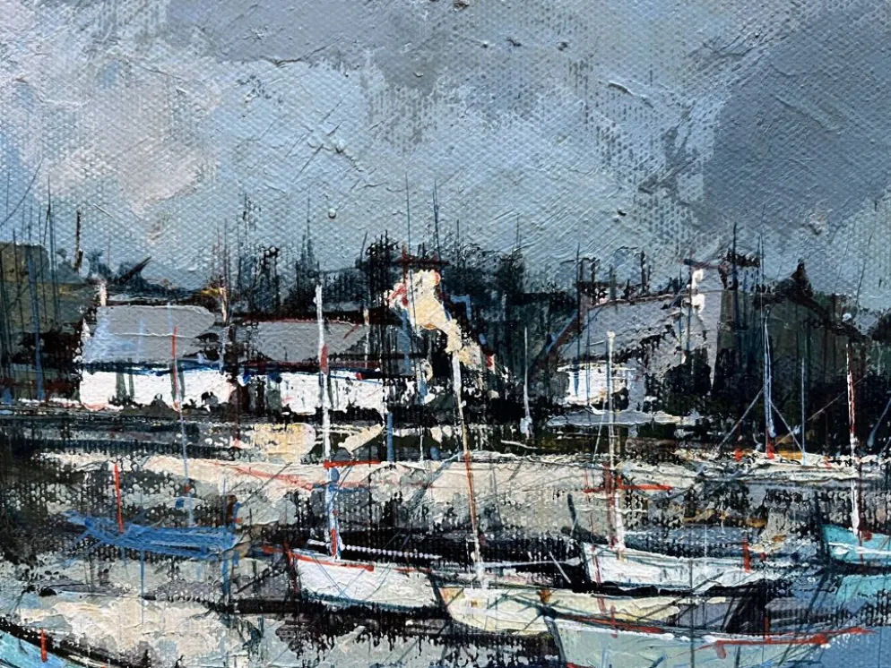 Tableau HST "Port en Bretagne" Marine signé éc. XX° siècle + cadre