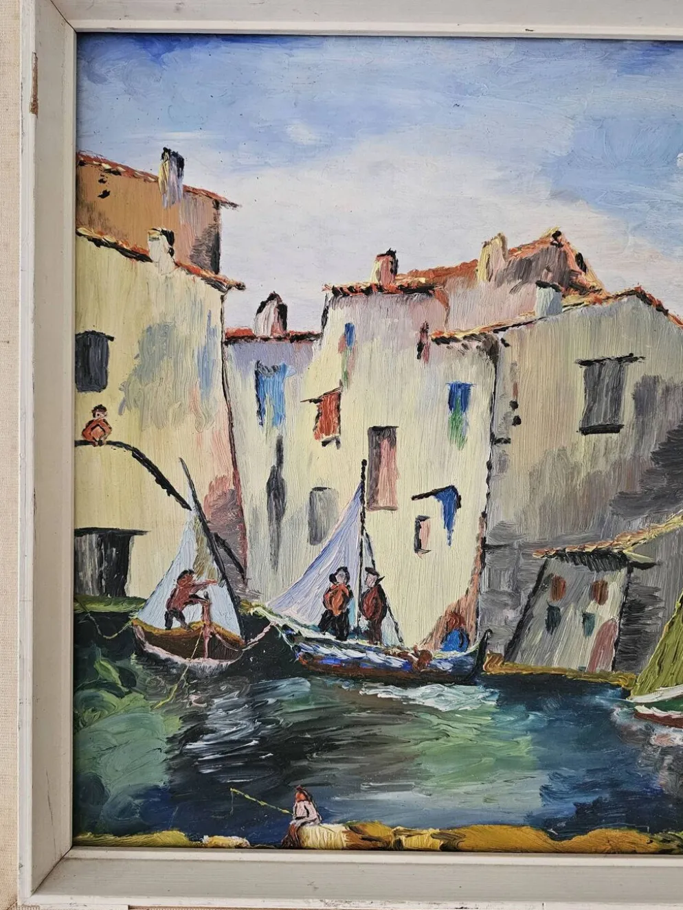Tableau Huile sur Isorel Marine Port Les martigues signé (à identifier)