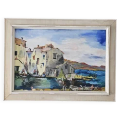 Tableau Huile sur Isorel Marine Port Les martigues signé (à identifier)