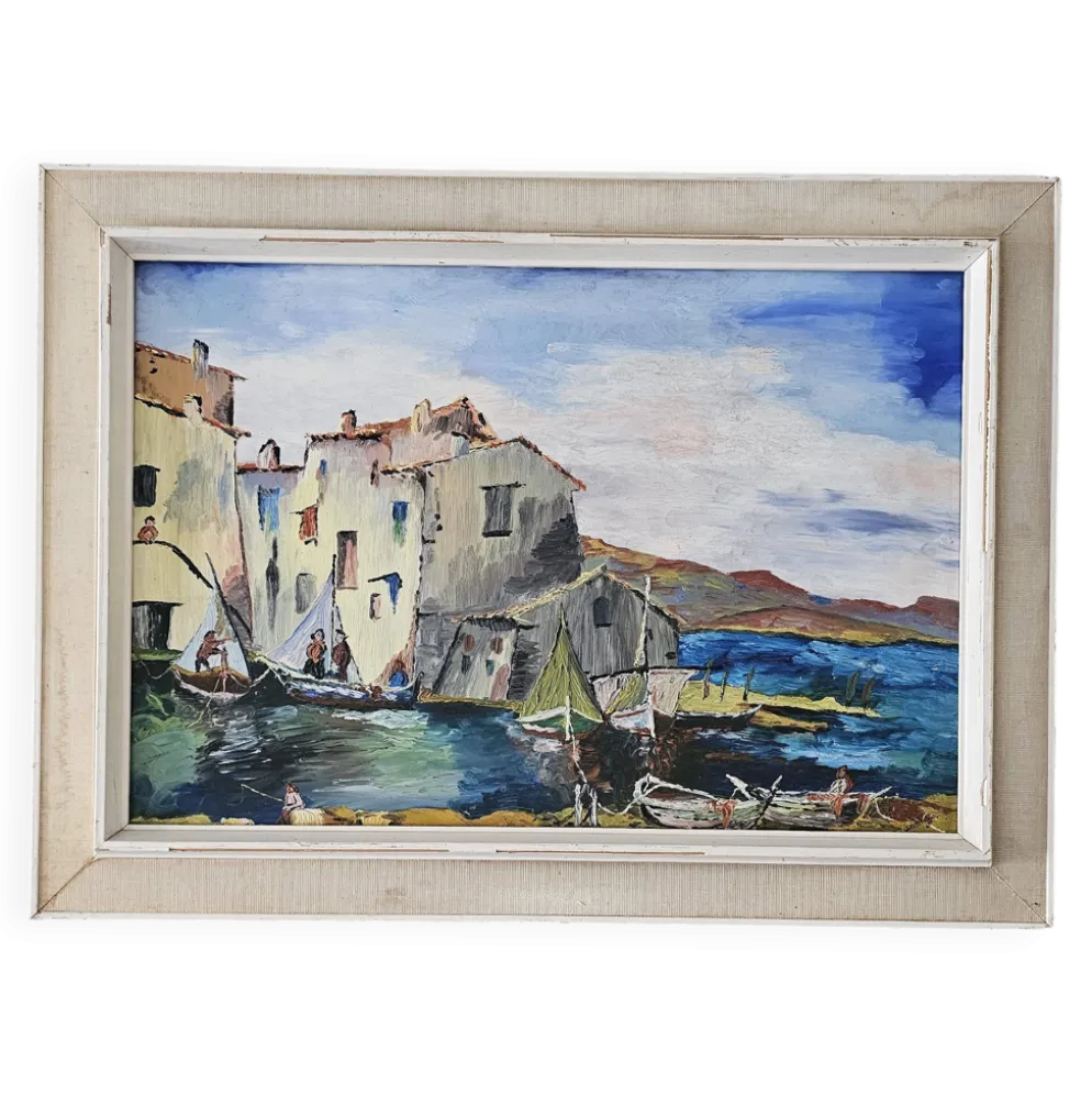 Tableau Huile sur Isorel Marine Port Les martigues signé (à identifier)