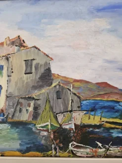 Tableau Huile sur Isorel Marine Port Les martigues signé (à identifier)