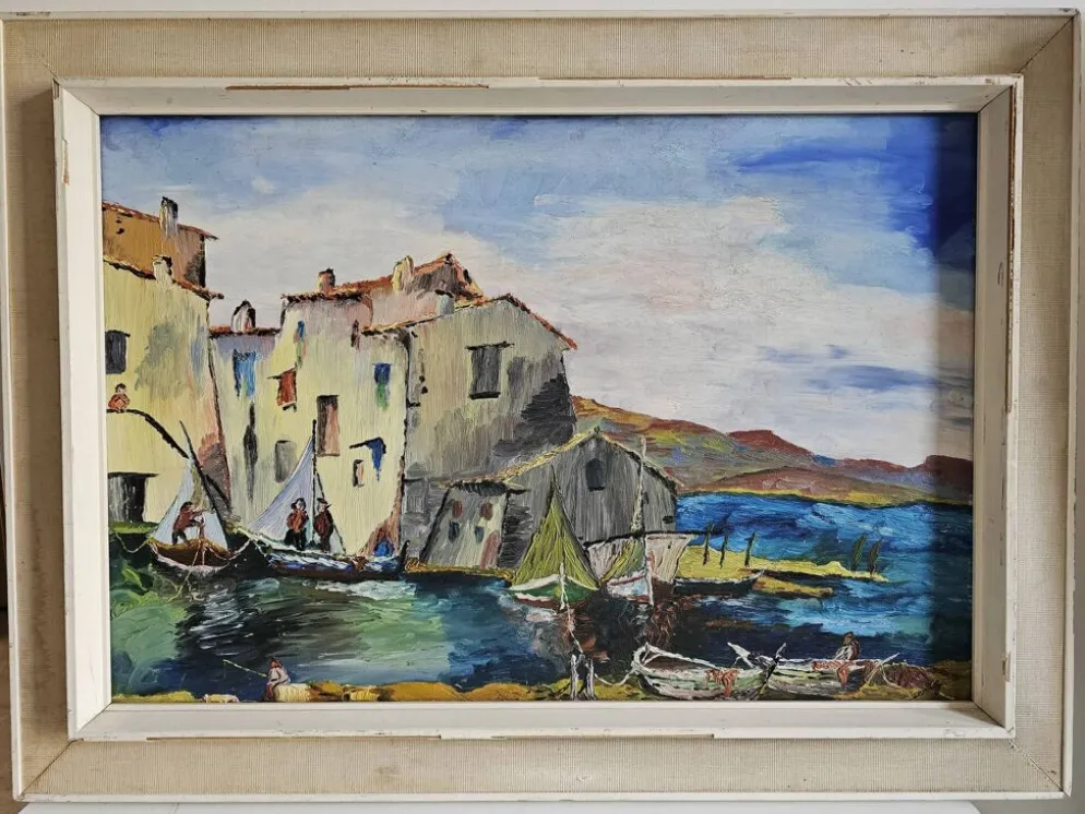 Tableau Huile sur Isorel Marine Port Les martigues signé (à identifier)