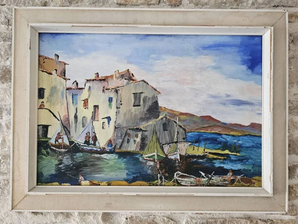 Tableau Huile sur Isorel Marine Port Les martigues signé (à identifier)
