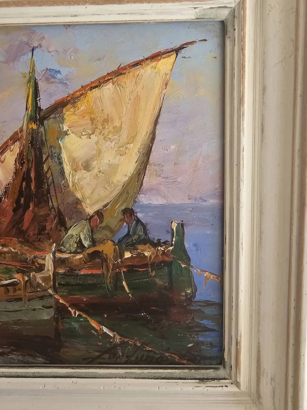 Tableau Huile sur Isorel Marine Voiliers pêcheurs signé Fortuné Car (1905 -