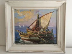 Tableau Huile sur Isorel Marine Voiliers pêcheurs signé Fortuné Car (1905 -