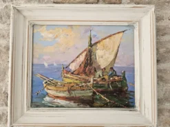 Tableau Huile sur Isorel Marine Voiliers pêcheurs signé Fortuné Car (1905 -