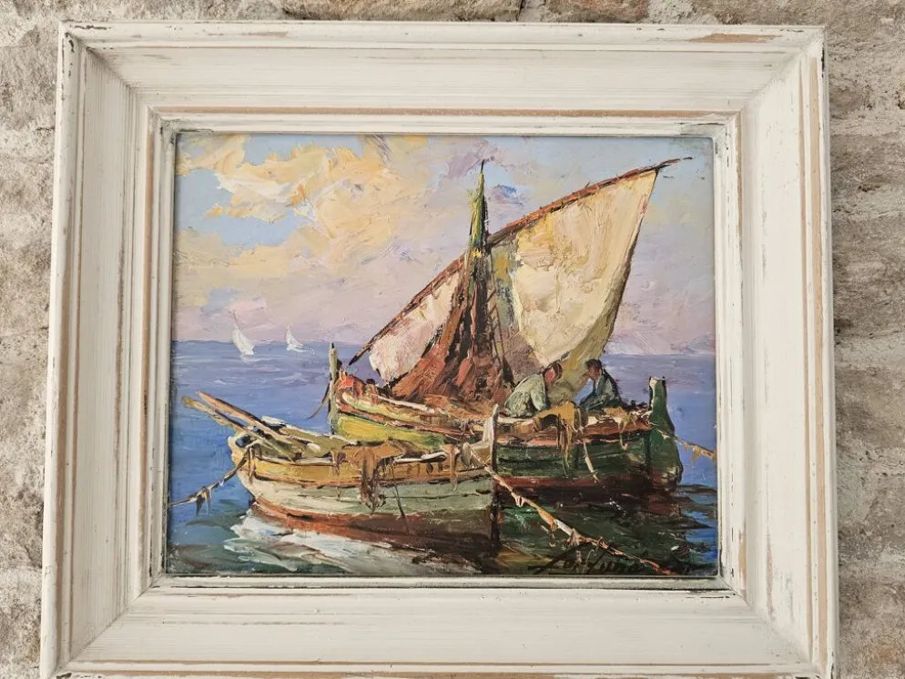 Tableau Huile sur Isorel Marine Voiliers pêcheurs signé Fortuné Car (1905 -