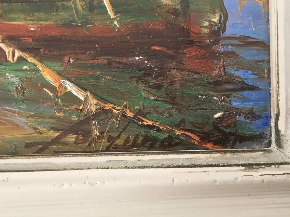 Tableau Huile sur Isorel Marine Voiliers pêcheurs signé Fortuné Car (1905 -