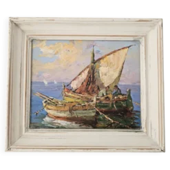 Tableau Huile sur Isorel Marine Voiliers pêcheurs signé Fortuné Car (1905 -