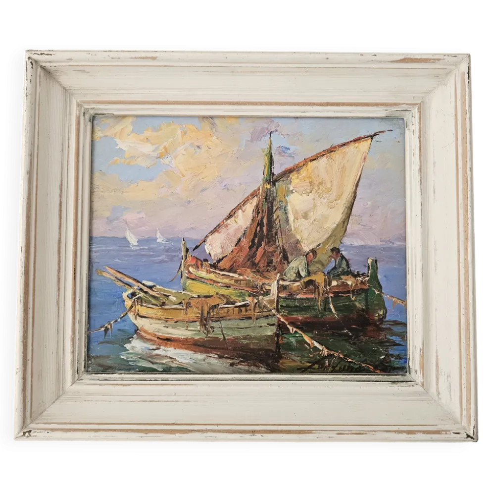 Tableau Huile sur Isorel Marine Voiliers pêcheurs signé Fortuné Car (1905 -
