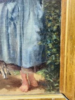 Tableau huile sur panneau bergère agneaux d’après J.B. Hofner X