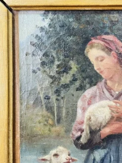 Tableau huile sur panneau bergère agneaux d’après J.B. Hofner X