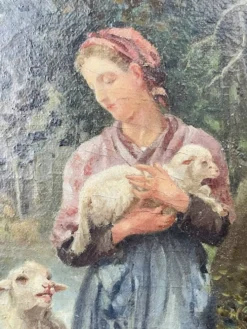 Tableau huile sur panneau bergère agneaux d’après J.B. Hofner X